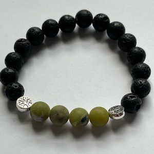 Lava Stone and Green Jade Elastic Beaded Bracelet. Anti anxiety Jewelry